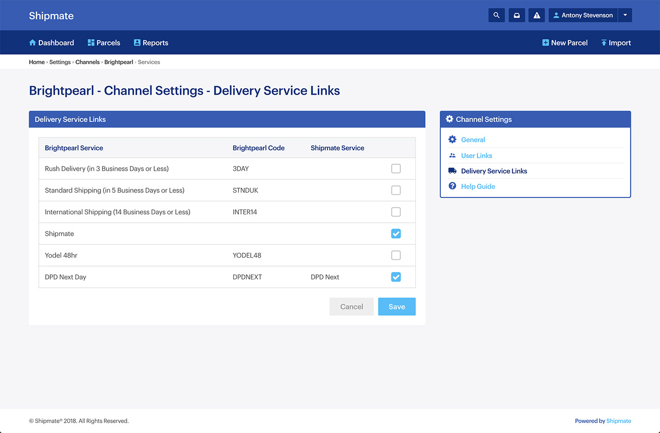 Shipmate - Brightpearl Delivery Service Link Settings