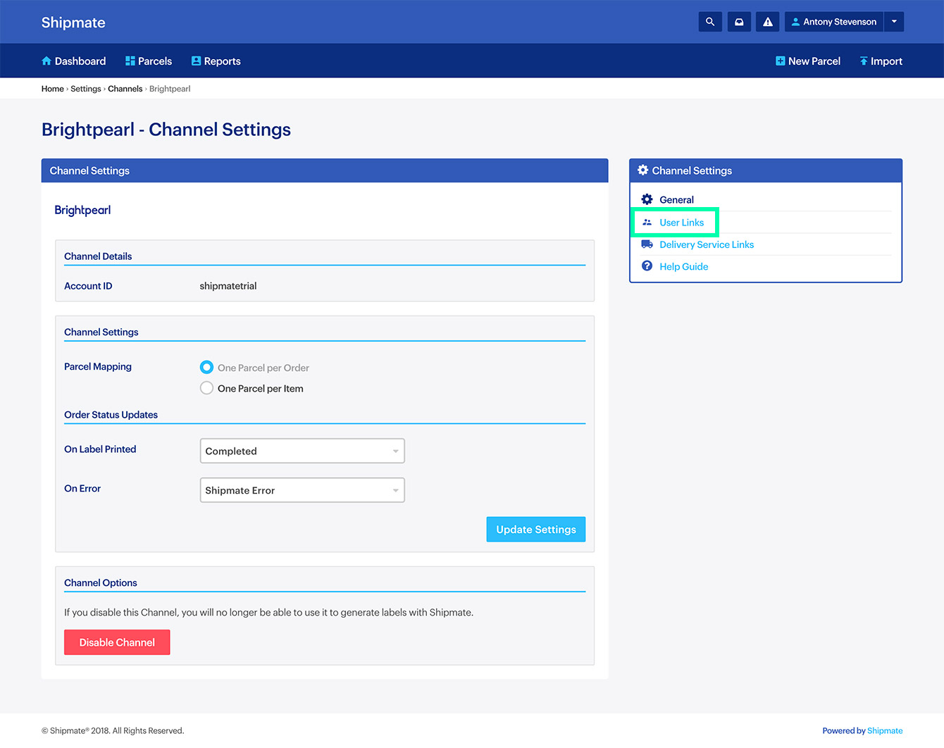 Shipmate - Brightpearl User Links Settings