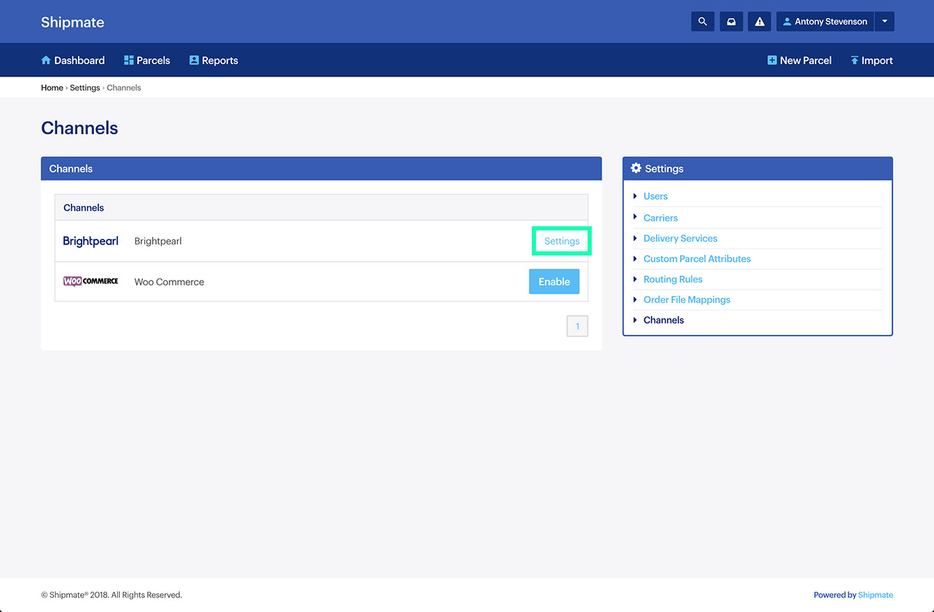 Shipmate - Channel Settings with Brightpearl highlighted