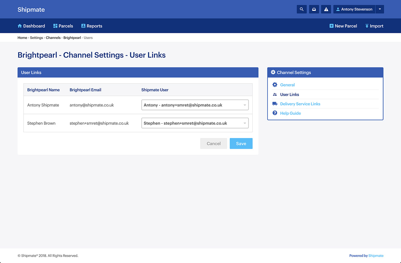 Shipmate - Brightpearl User Links Settings