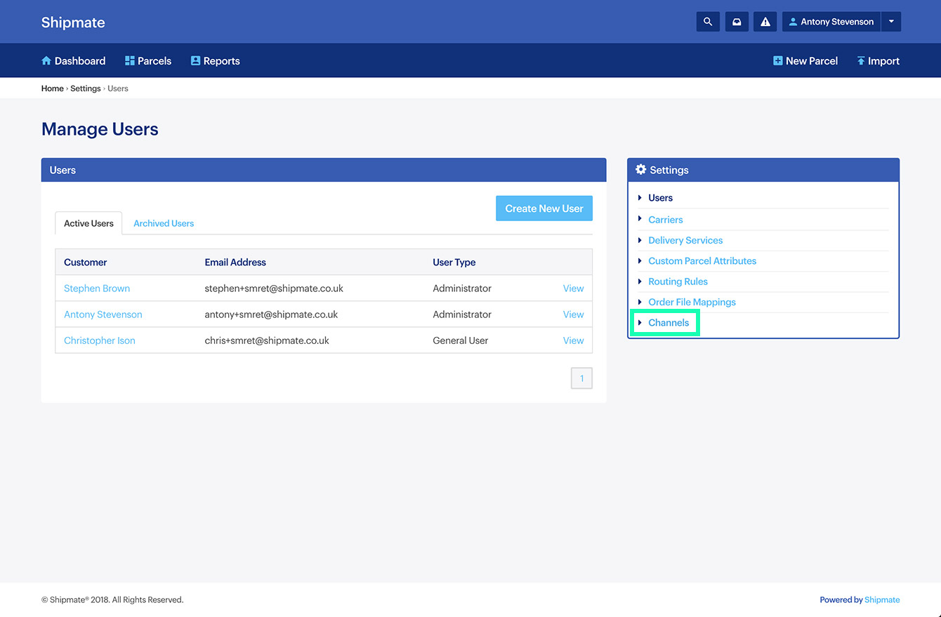 Shipmate - Settings with Channels option highlighted