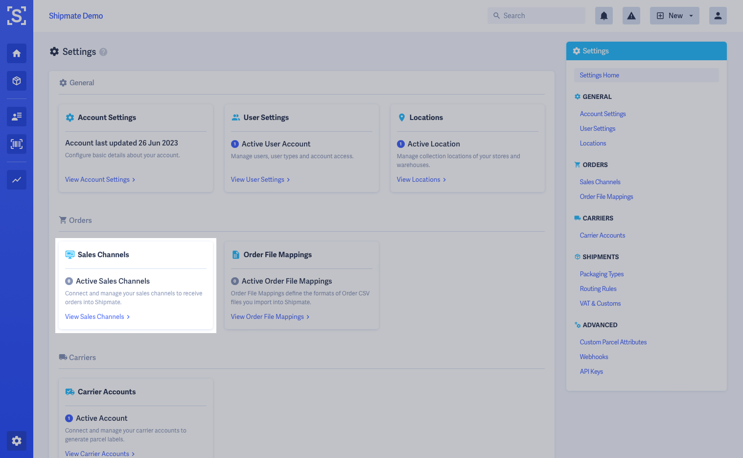 Shipmate - Settings - Sales Channels