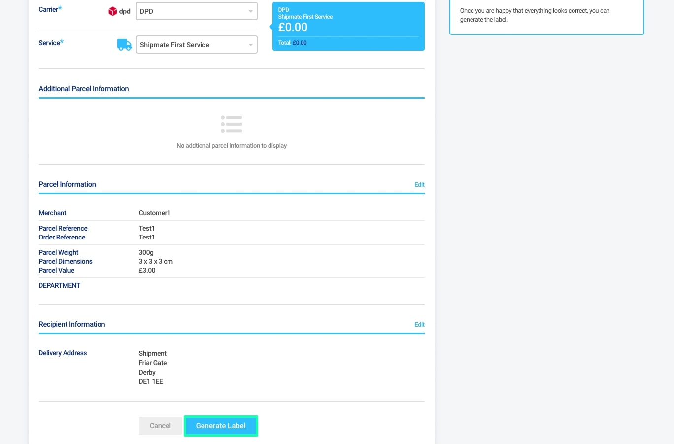 Shipmate - Booking Individual Parcels - Generating the Parcel Label