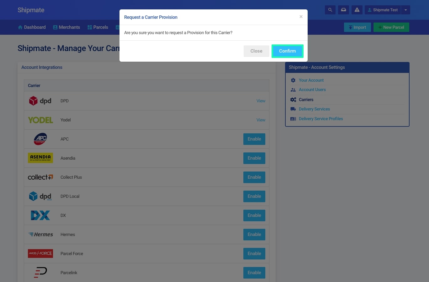 Shipmate - Your Account - Enabling a Carrier