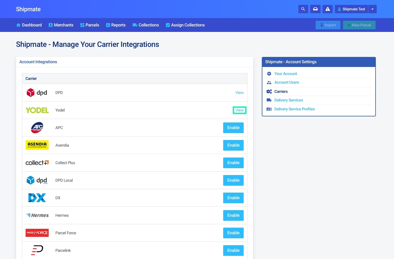 Shipmate - Your Account - Viewing Carrier Configurations