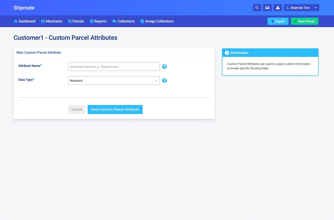 Shipmate - Your Account - Adding Custom Parcel Attributes