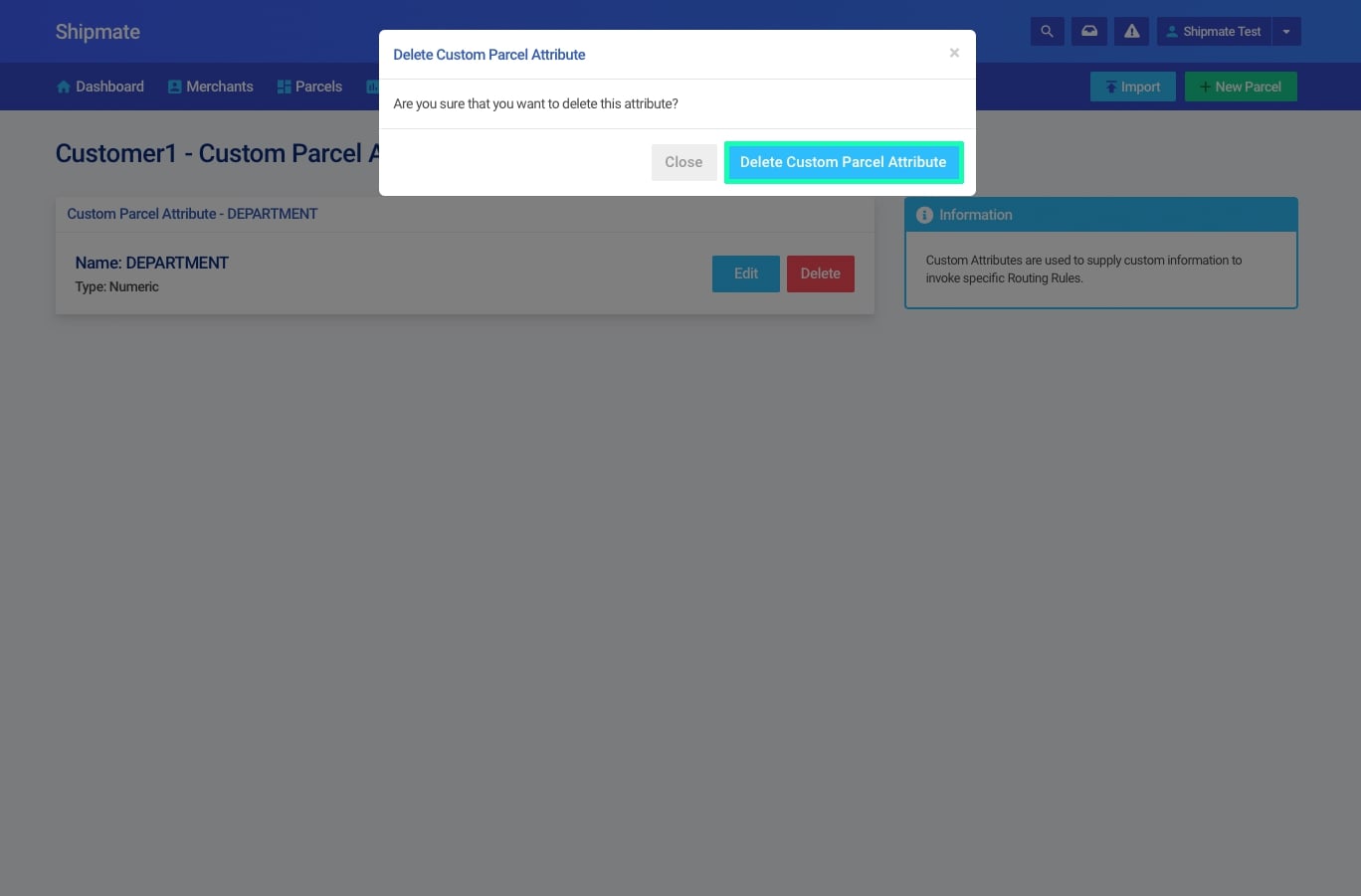 Shipmate - Your Account - Deleting Custom Parcel Attributes