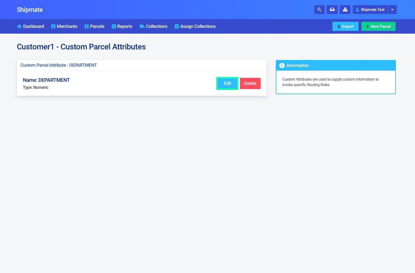 Shipmate - Your Account - Editing Custom Parcel Attributes