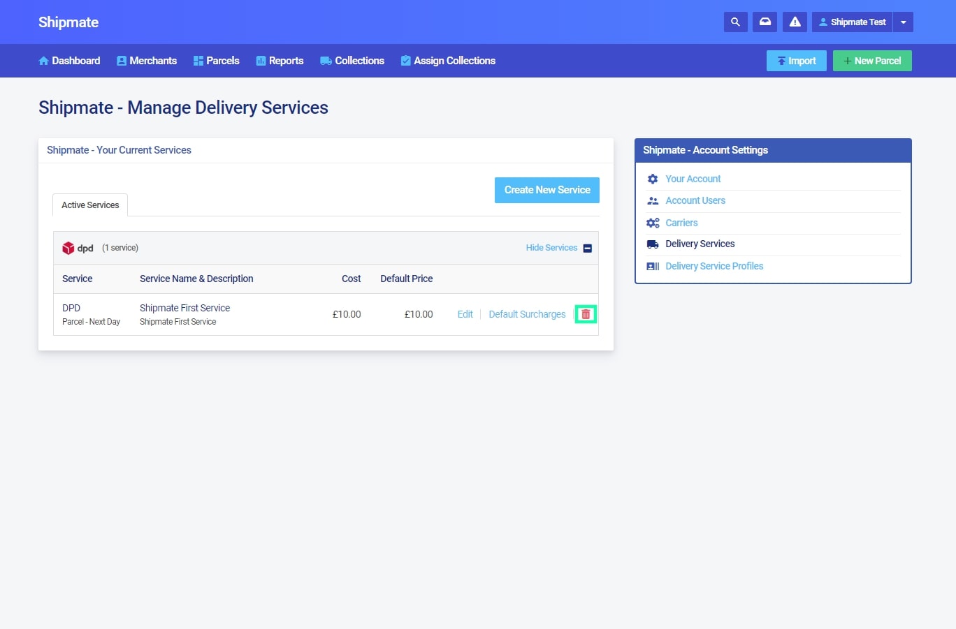 Shipmate - Your Account - Deleting a Delivery Service