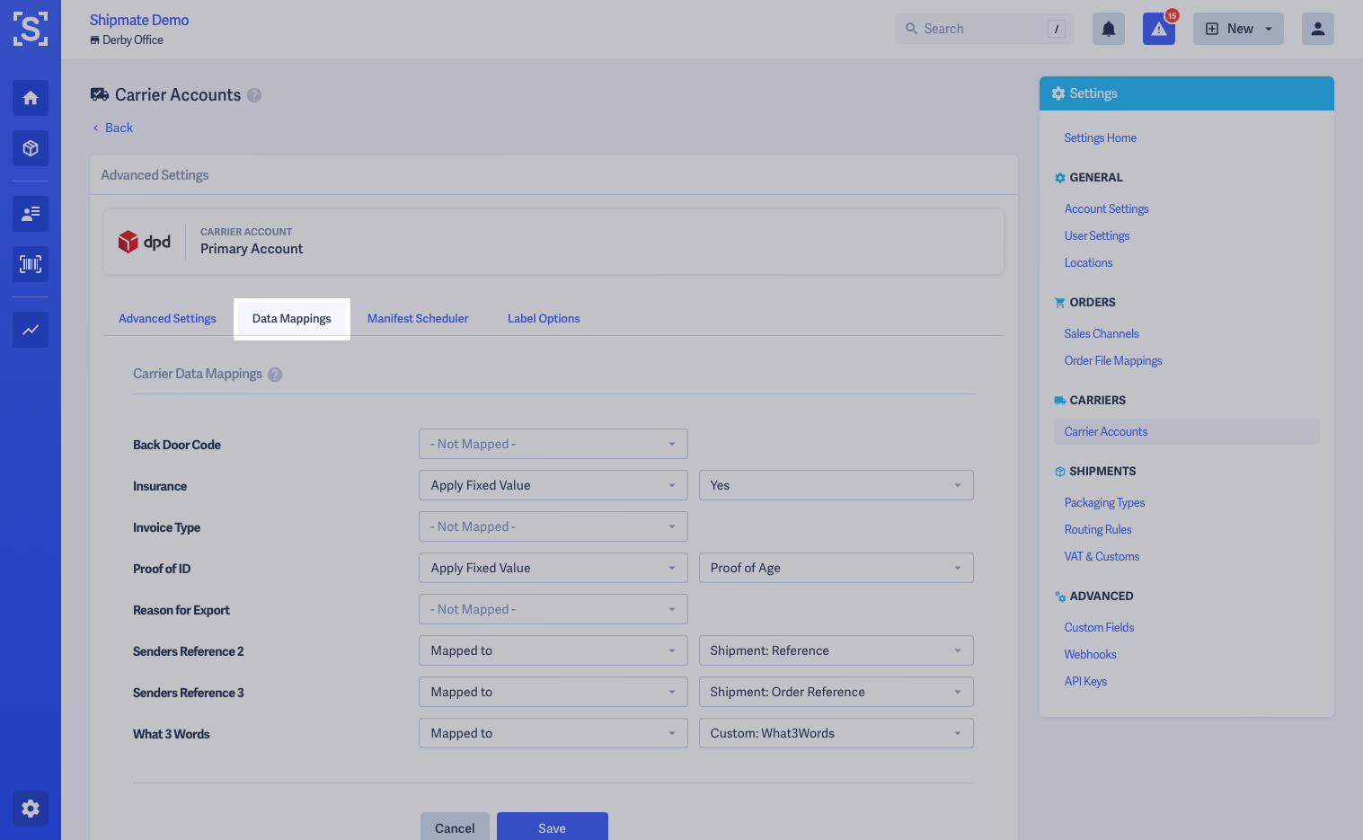 Shipmate - Carrier Data Mappings Tab