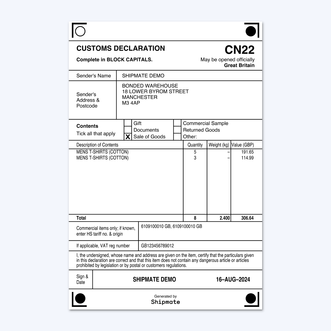 Shipmate - CN22 Customs Declaration Sample