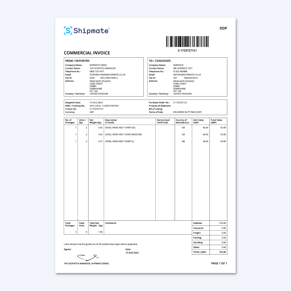 Shipmate - Commercial Invoice Sample