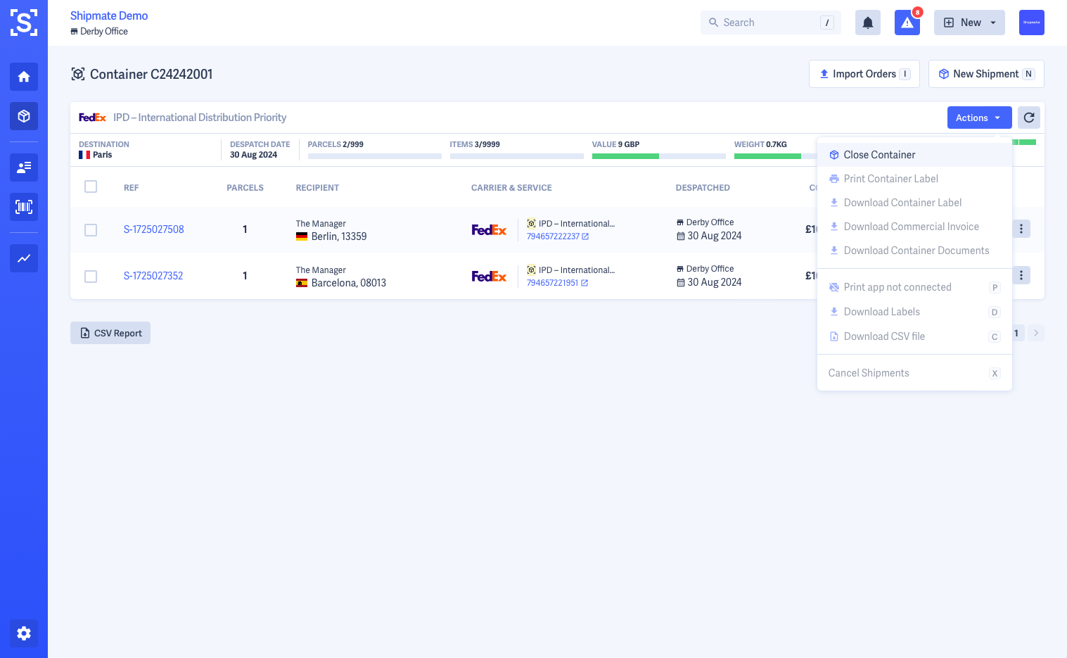 Shipmate - Consolidations - View Container with Actions Menu Open