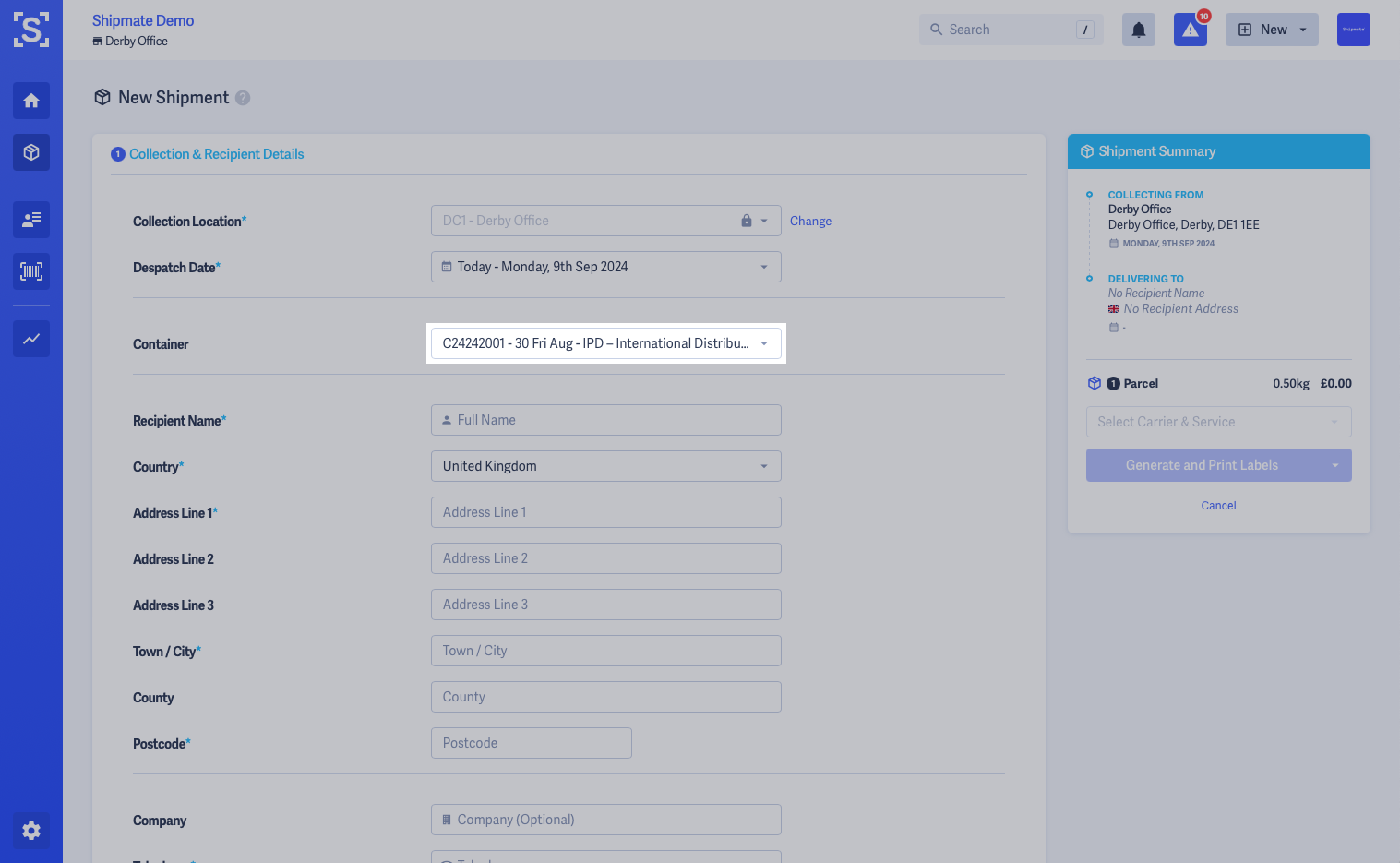 Shipmate - New Shipment form with Container option highlighted