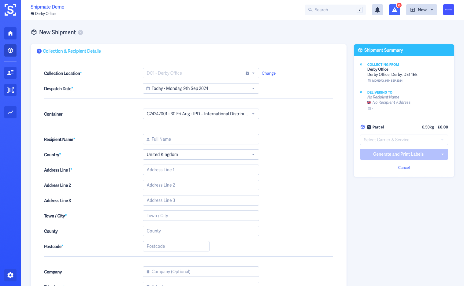 Shipmate - New Shipment form with Container option shown