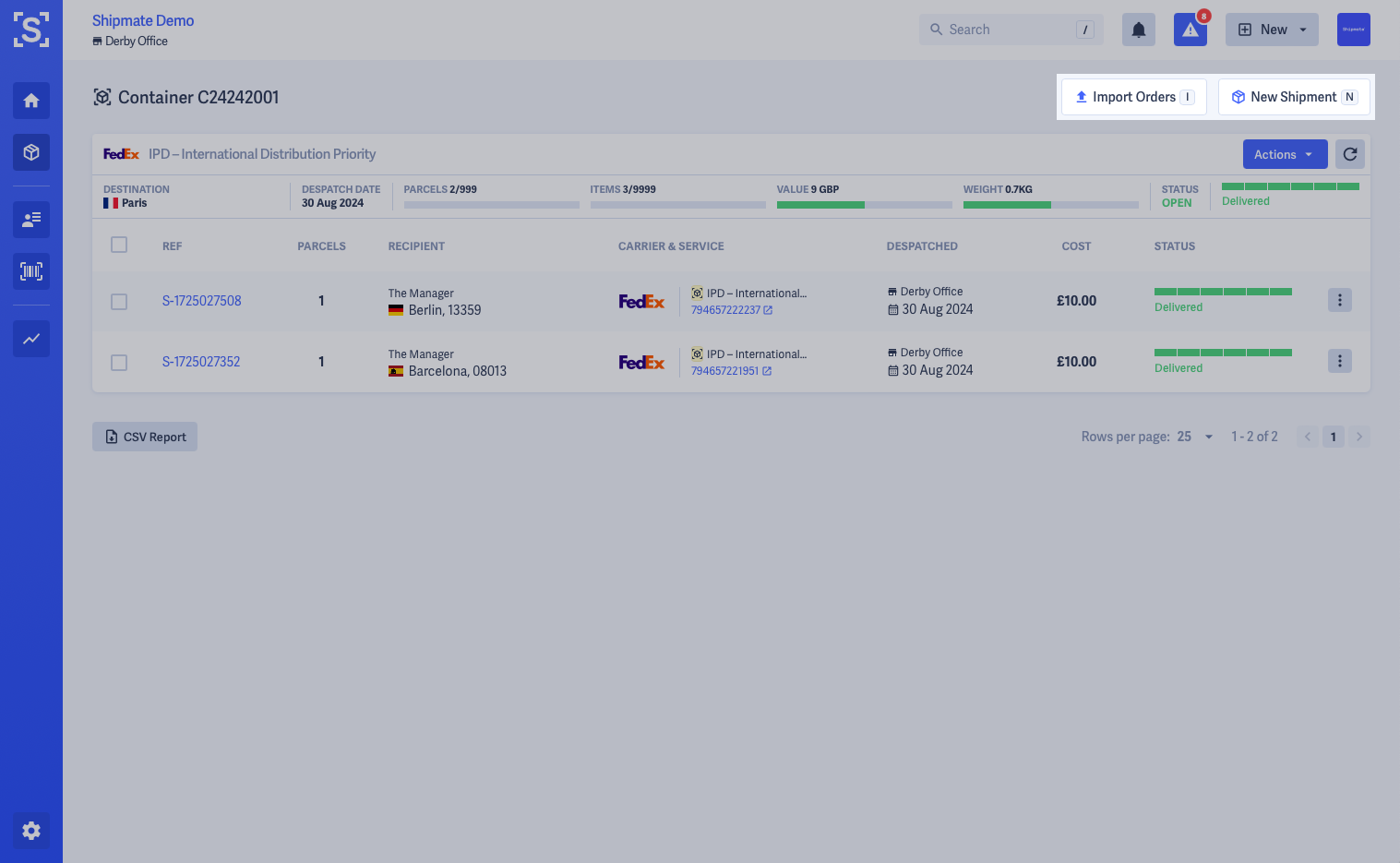 Shipmate - Consolidated Shipments - View Container - New Shipment and Import buttons highlighted