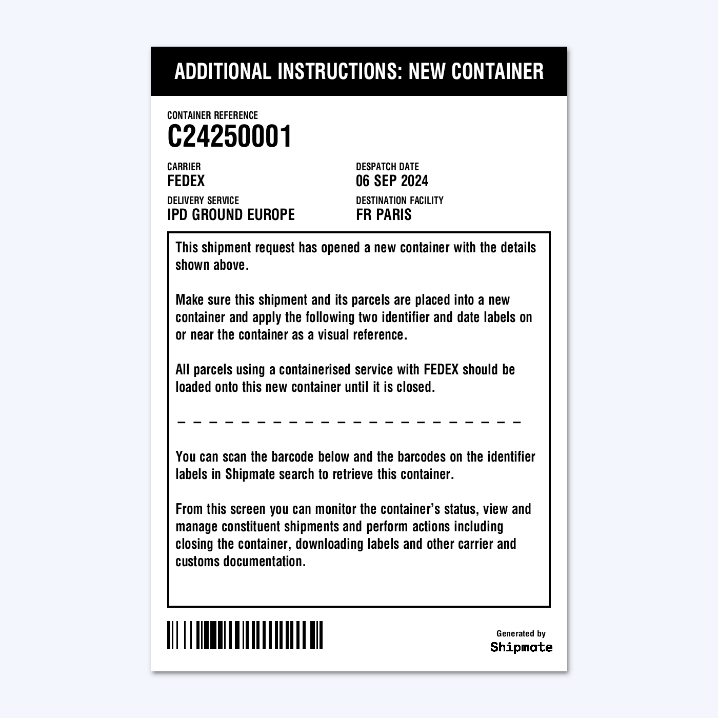 Shipmate - Consolidated Shipments - New Container Instruction Label Example