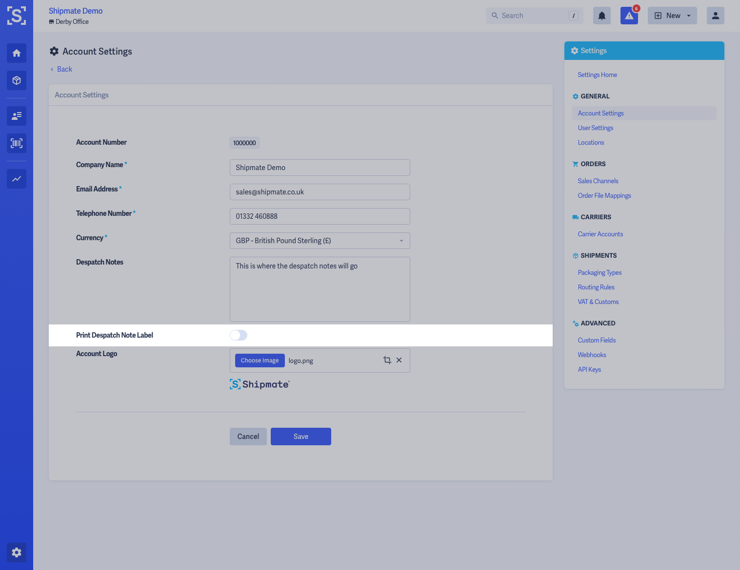 Shipmate - Account Settings - Despatch Note Label Highlighted