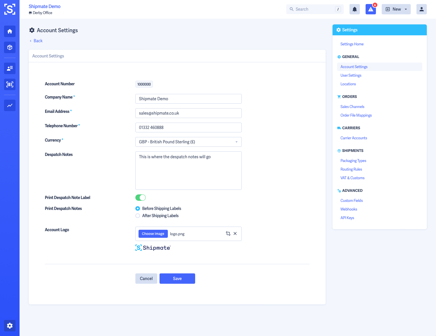 Shipmate - Account Settings - Despatch Note Label Options