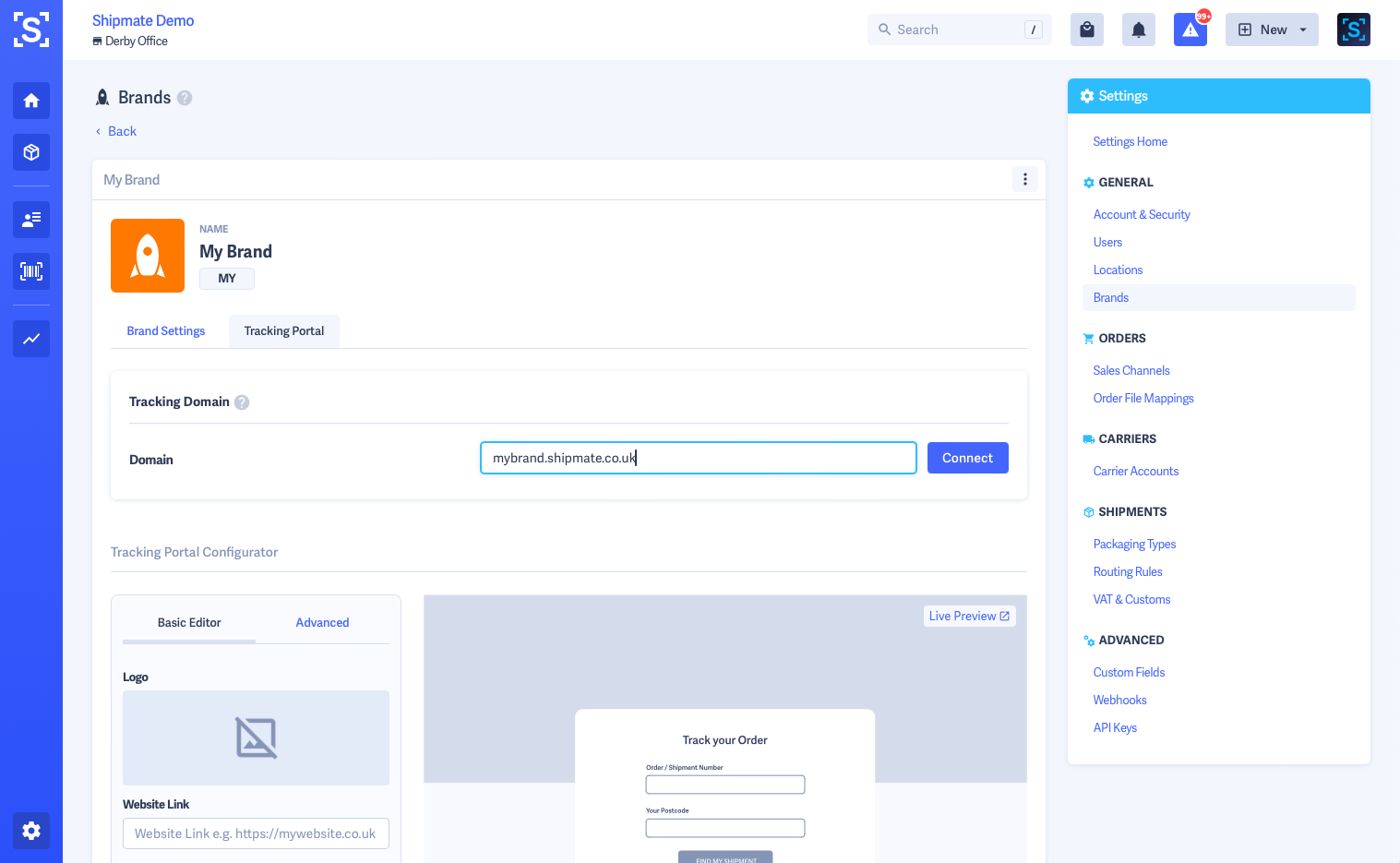 Shipmate - Brand Edit Page with Tracking Portal tab selected Shipmate - Brand Edit Page with Tracking Portal tab selected