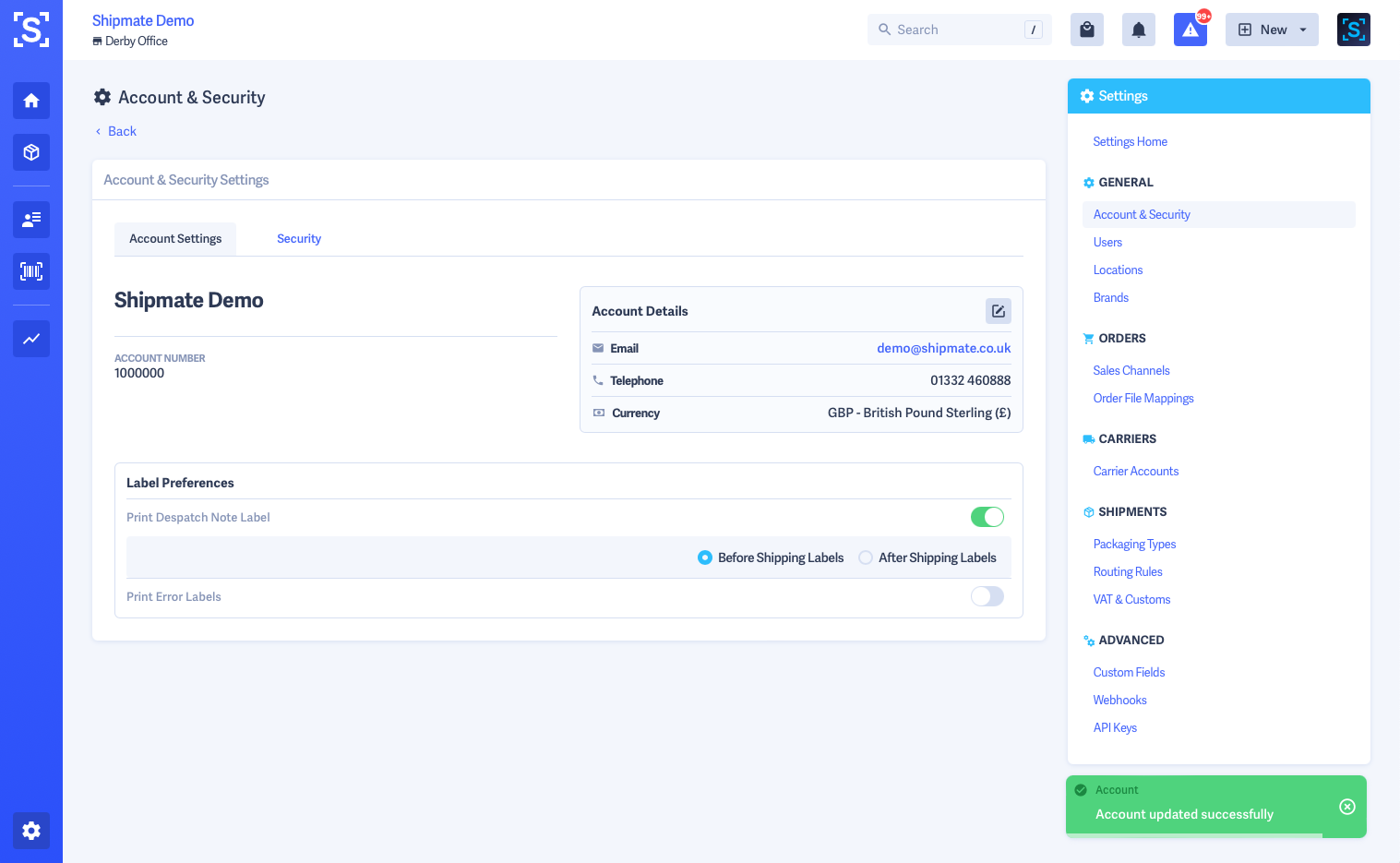 Shipmate - Account Settings - Despatch Note Label Options Shipmate - Account Settings - Despatch Note Label Options