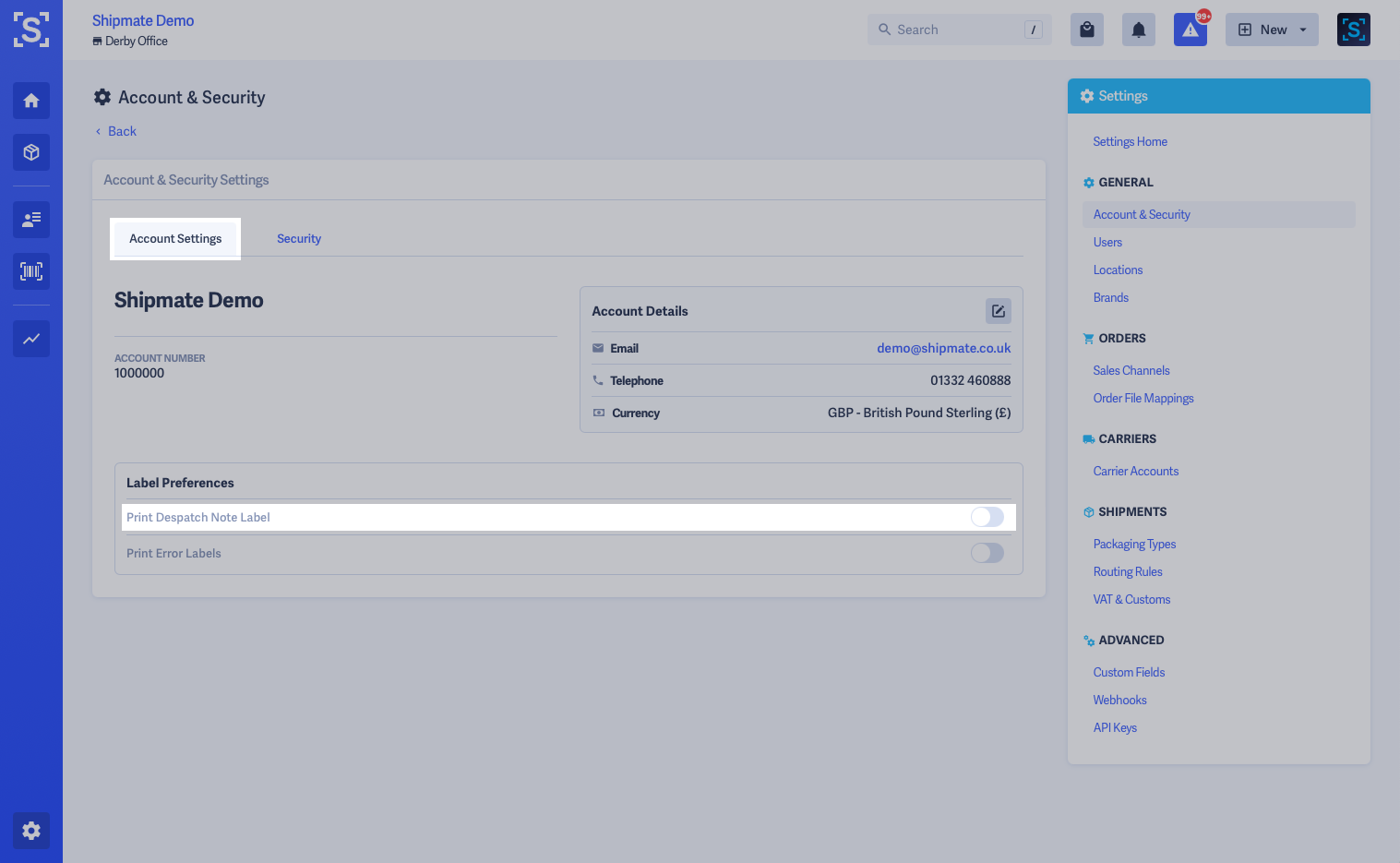 Shipmate - Account Settings - Despatch Note Label Highlighted Shipmate - Account Settings - Despatch Note Label Highlighted