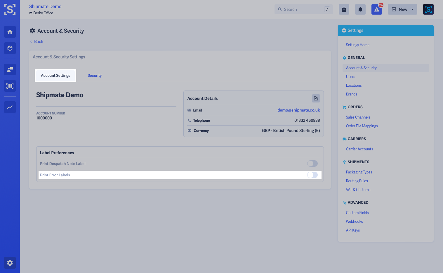Shipmate - Account Settings - Error Labels Toggle Highlighted Shipmate - Account Settings - Error Labels Toggle Highlighted