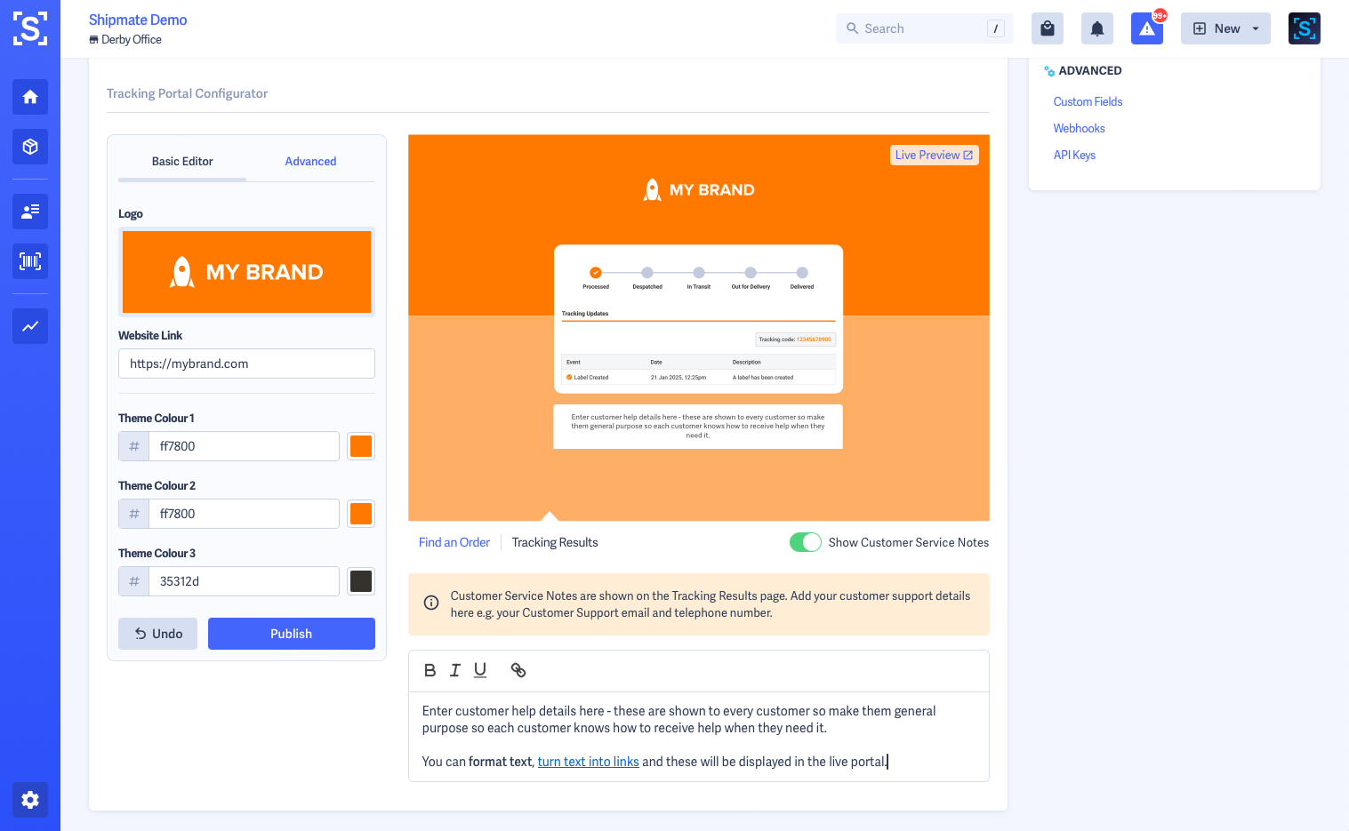 Shipmate - Brand Edit Page with Tracking Portal tab selected Shipmate - Brand Edit Page with Tracking Portal tab selected
