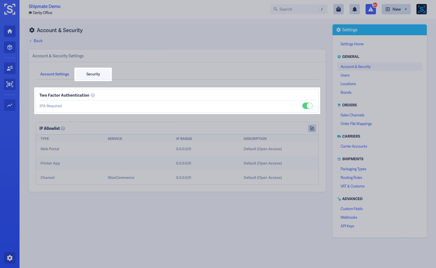 Shipmate - Account Settings - 2-Factor Authentication (2FA) Toggle Highlighted Shipmate - Account Settings - 2-Factor Authentication (2FA) Toggle Highlighted