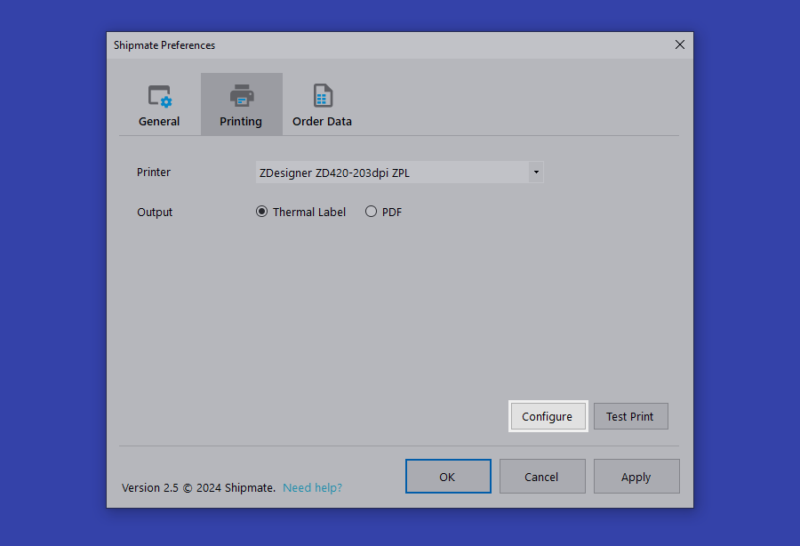 shipmate Configure Zpl Position Highlighted