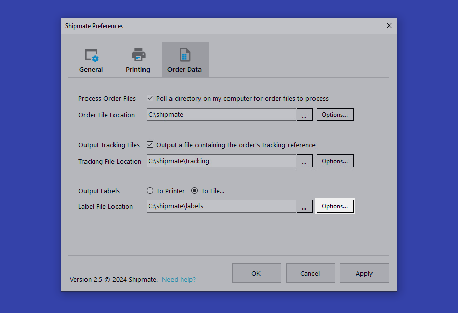 shipmate Label File Output Options Highlighted