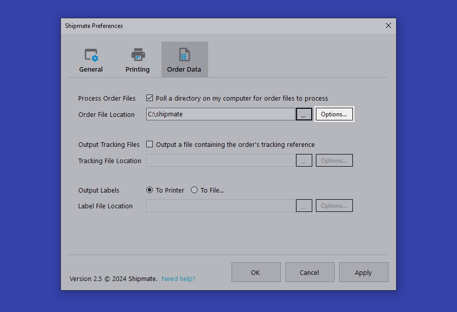 shipmate Order File Options Highlighted