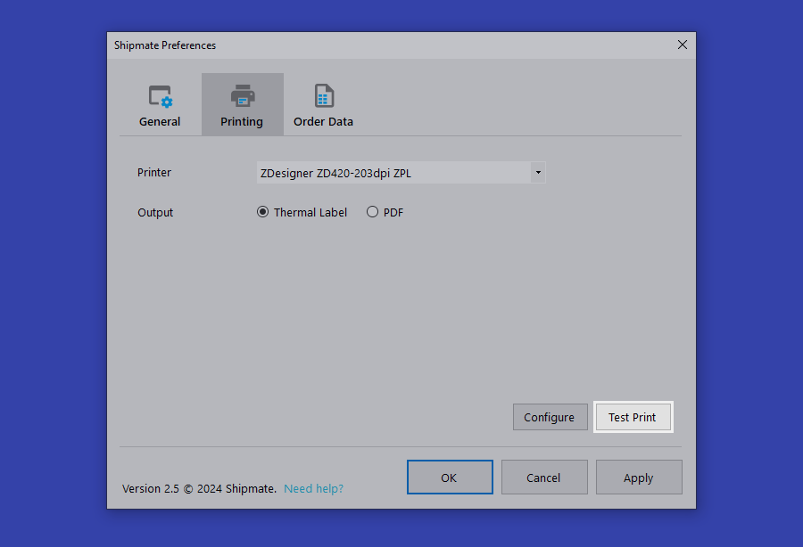 shipmate Printing Preferences Zpl Test Print