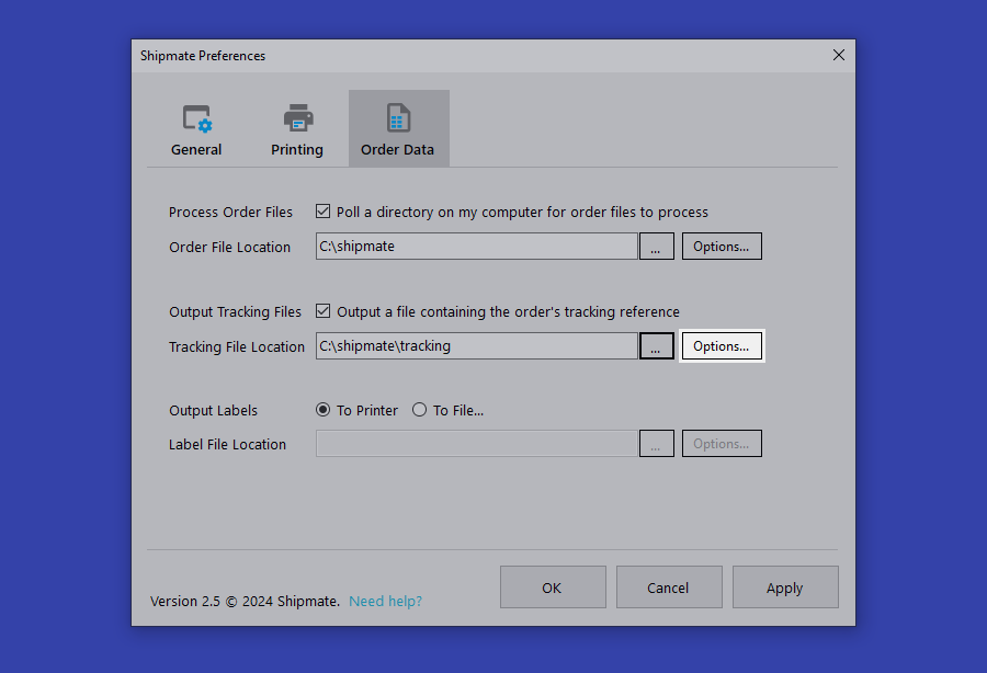 shipmate Tracking File Output Options Highlighted