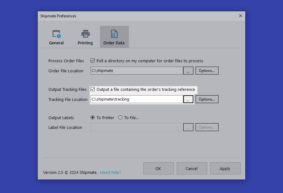 shipmate Tracking File Output Options Locator