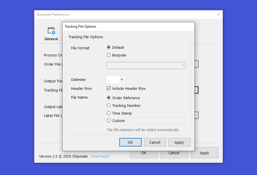 shipmate Tracking File Output Options Popup