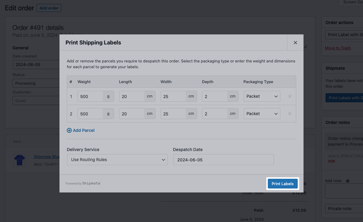 WooCommerce - Shipmate Plugin - Ship Single Order - Print Labels Button